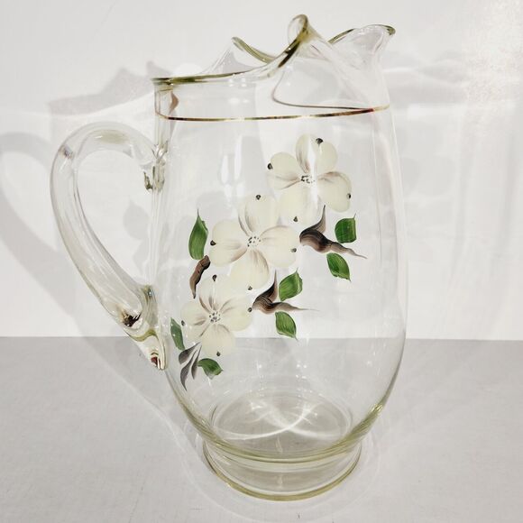 Vtg Art Glass Pitcher Hand Painted Floral Flowers White Brown MCM 9in - Picture 2 of 12